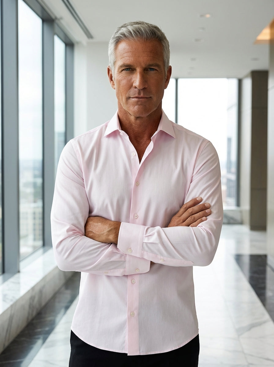 This tailored men's long-sleeve dress shirt features a subtle pale pink hue and a refined spread collar. Crafted with a sleek, slim fit and adjustable button cuffs, it offers a sophisticated look for modern business or elevated social attire.