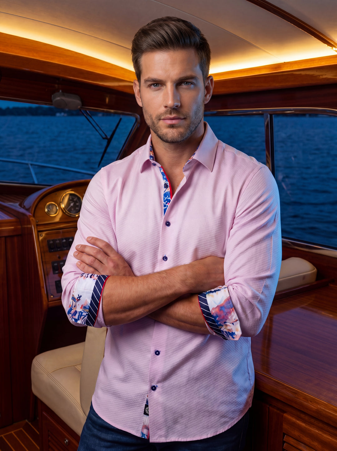 A refined men's button-down shirt in a soft pale pink hue, featuring a subtle micro-textured weave. It is accented with vibrant floral and striped patterns on the interior collar and cuffs, complemented by contrasting dark buttons and red piping.