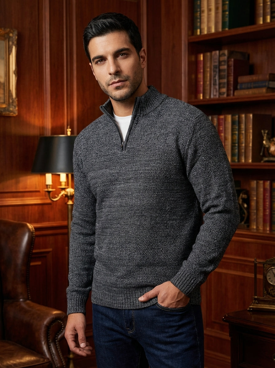 This charcoal grey marl quarter-zip sweater features a sophisticated textured knit pattern, providing both warmth and style. Designed with a ribbed mock-neck collar, cuffs, and hem, it offers a tailored fit perfect for layering over a classic white t-shir