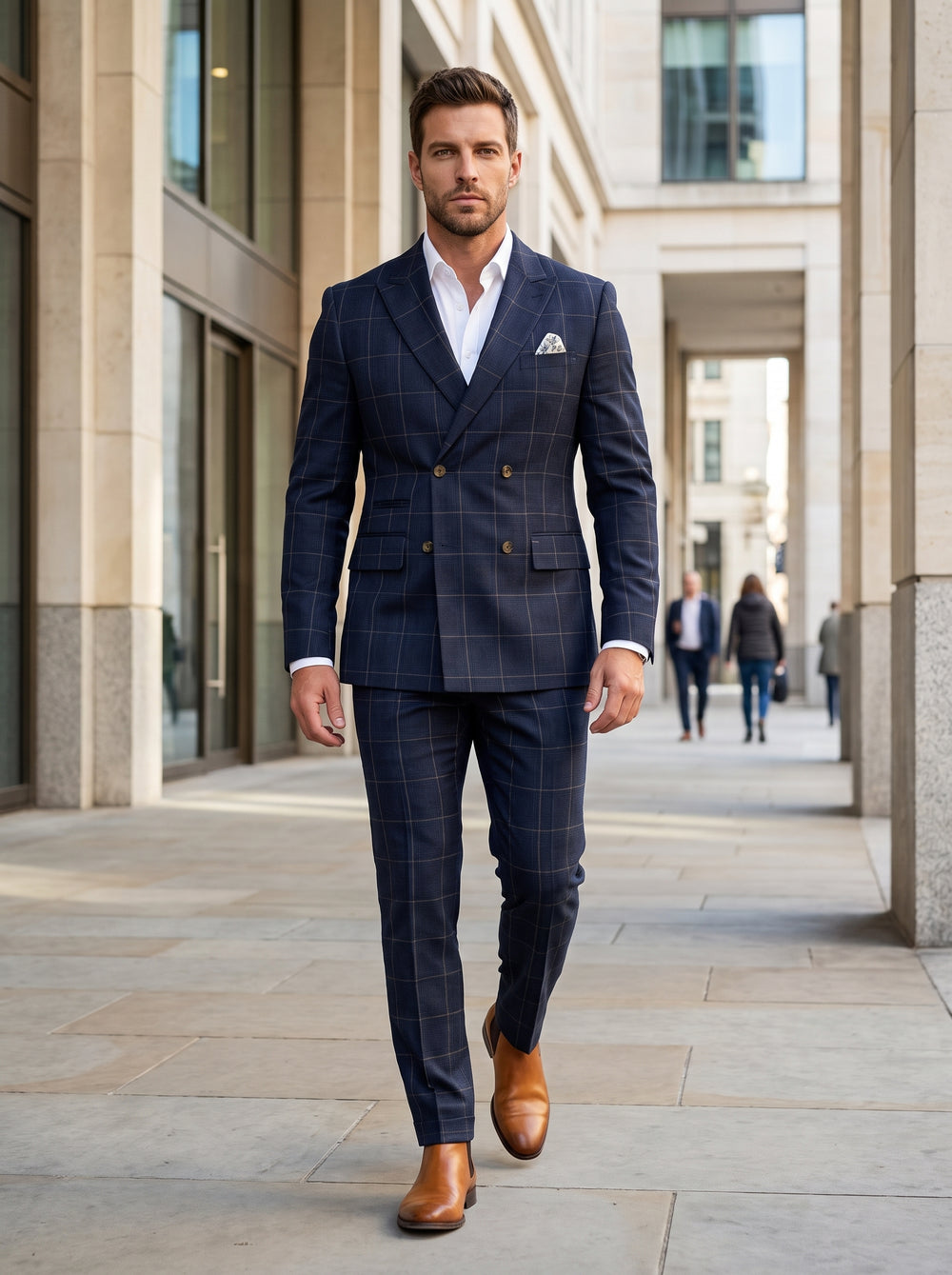 A sophisticated navy windowpane double-breasted suit featuring peak lapels and a six-button configuration. This tailored two-piece set is crafted from textured wool, paired with a crisp white dress shirt and tan leather Chelsea boots for a modern formal l