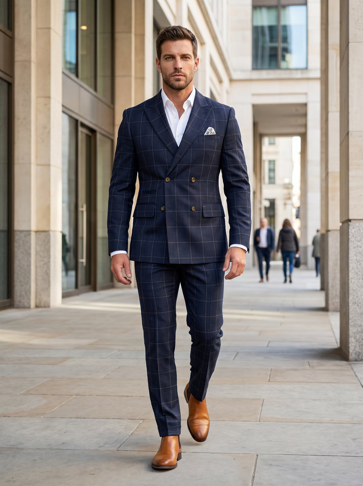 A sophisticated navy windowpane double-breasted suit featuring peak lapels and a six-button configuration. This tailored two-piece set is crafted from textured wool, paired with a crisp white dress shirt and tan leather Chelsea boots for a modern formal l