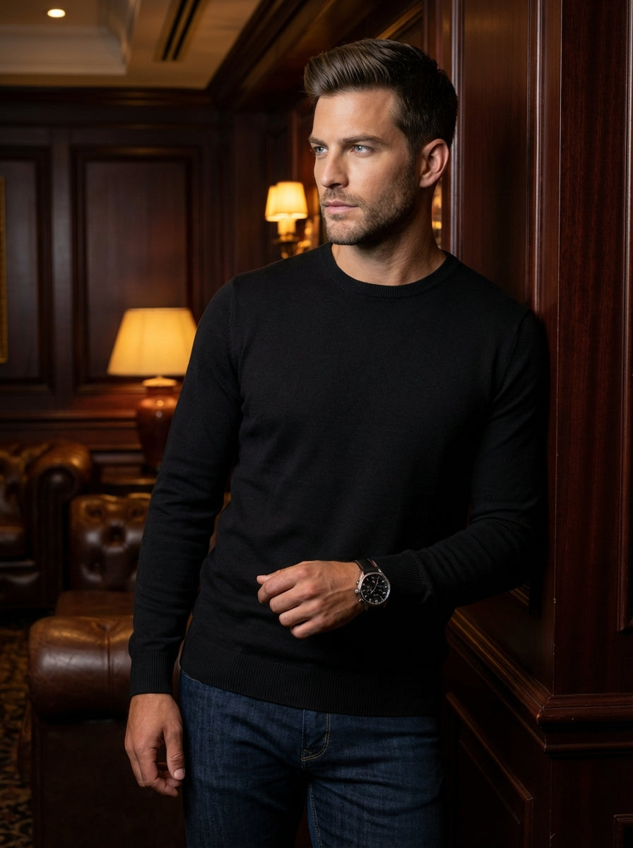 This classic black long-sleeve crewneck sweater features a refined, lightweight knit construction for a modern, tailored silhouette. Crafted for versatility, the ribbed cuffs and hem provide a snug fit, making it a timeless essential for sophisticated lay