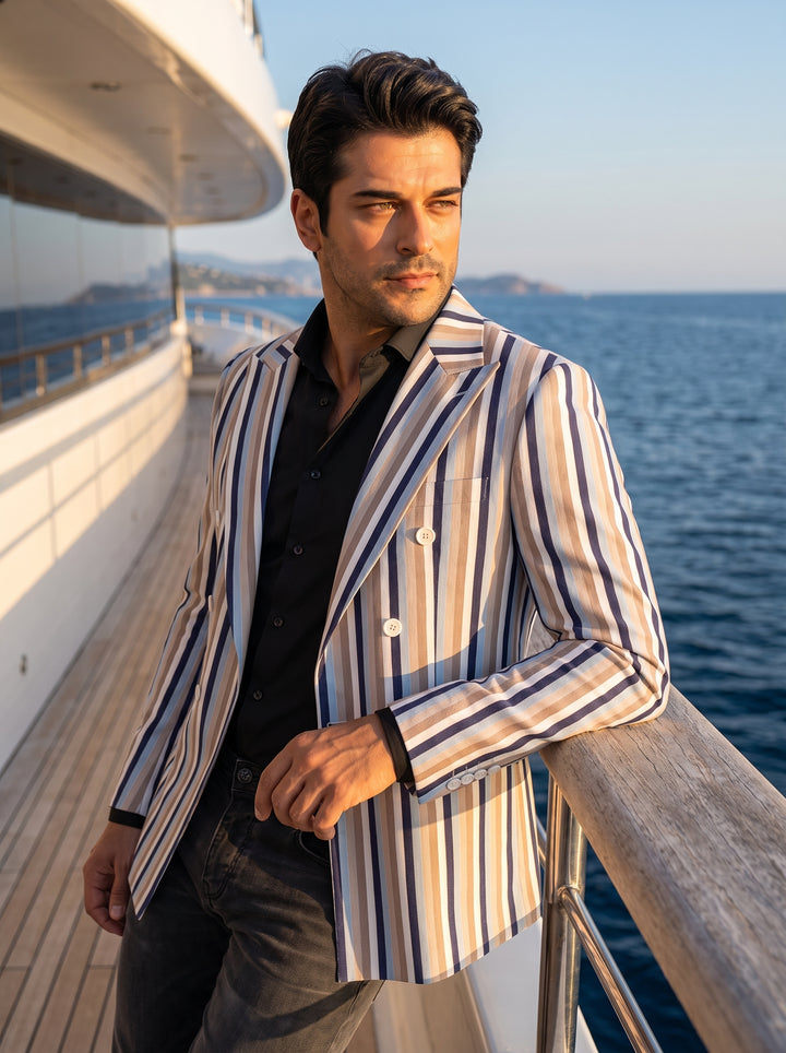 This sophisticated double-breasted blazer features a bold vertical stripe pattern in navy, light blue, tan, and white. Crafted with wide peak lapels and contrasting white buttons, the tailored fit offers a modern nautical aesthetic perfect for high-end su