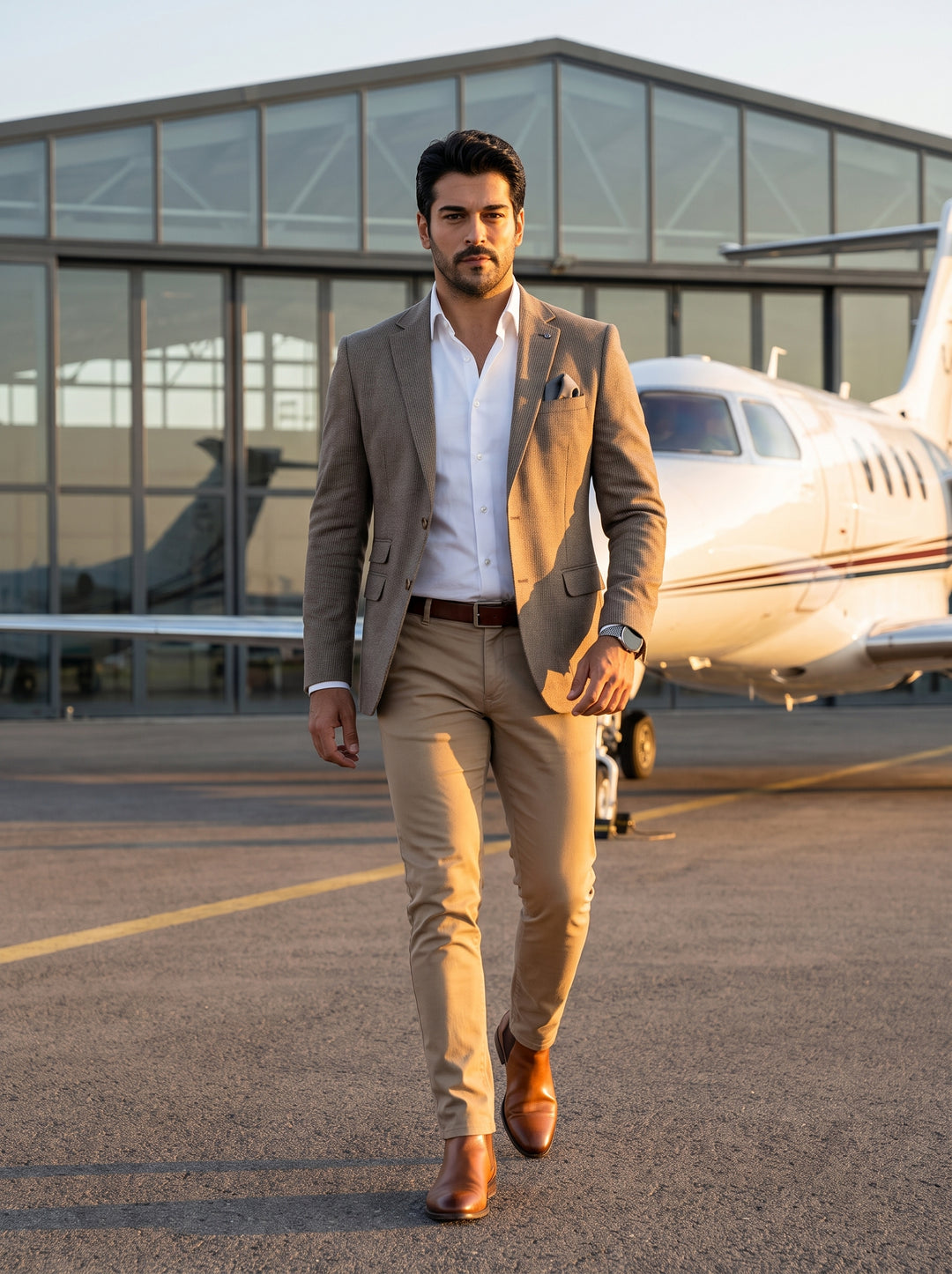 This tailored ensemble features a textured taupe blazer over a crisp patterned button-down shirt. It is paired with slim-fit khaki chinos and cognac leather Chelsea boots, creating a refined business-casual aesthetic suitable for high-end travel or profes