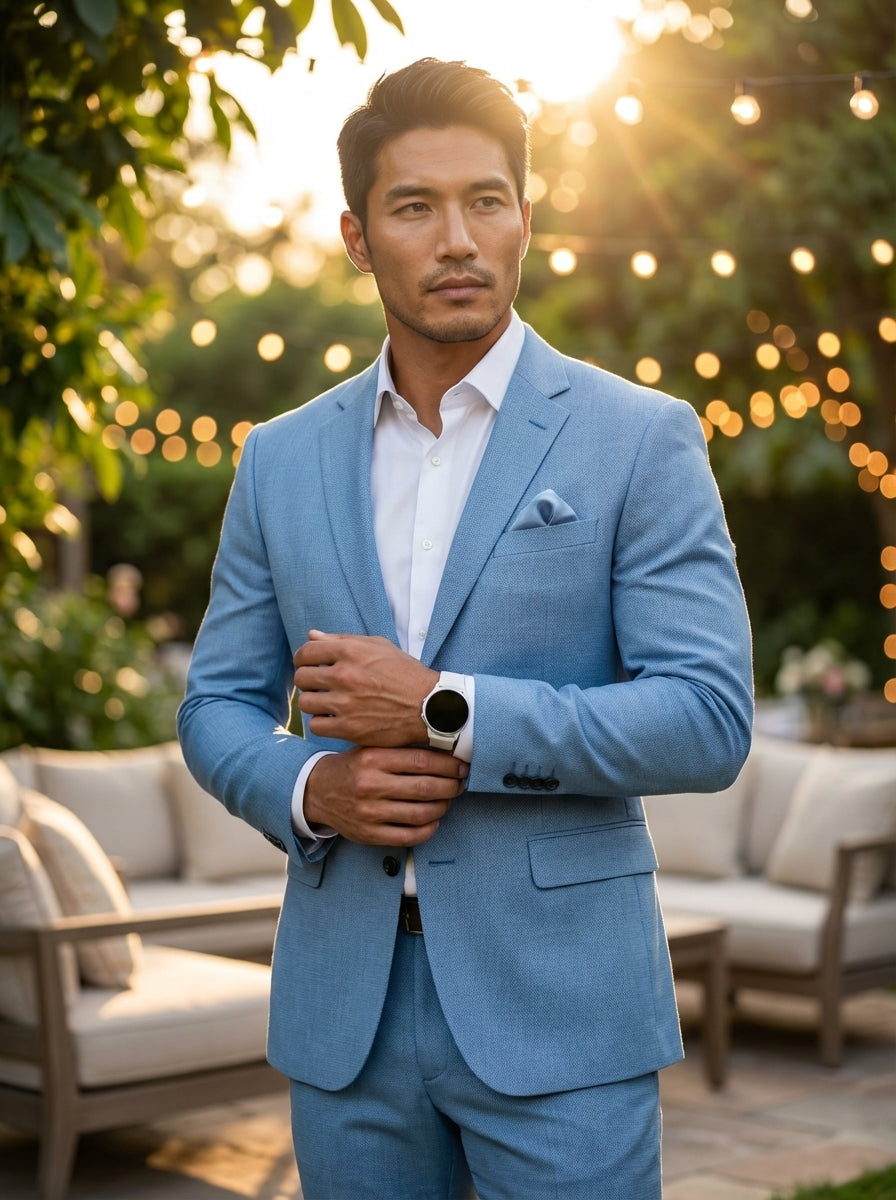 This tailored light blue two-piece suit features a slim-fit silhouette with notch lapels, a single-breasted two-button closure, and flap pockets. Crafted from a textured fabric, it includes a matching pocket square and a clean white dress shirt for contra