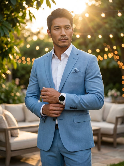This tailored light blue two-piece suit features a slim-fit silhouette with notch lapels, a single-breasted two-button closure, and flap pockets. Crafted from a textured fabric, it includes a matching pocket square and a clean white dress shirt for contra