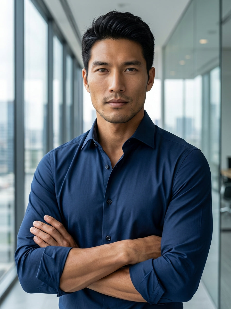 This Masutto long-sleeve dress shirt features a deep navy blue hue and a refined spread collar. Crafted with high-quality fabric and tonal buttons, its sleek, structured design provides a sophisticated silhouette suitable for high-end tailoring and contem