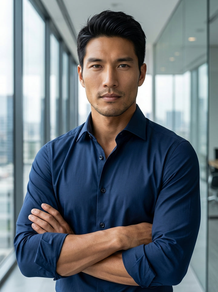 This Masutto long-sleeve dress shirt features a deep navy blue hue and a refined spread collar. Crafted with high-quality fabric and tonal buttons, its sleek, structured design provides a sophisticated silhouette suitable for high-end tailoring and contem