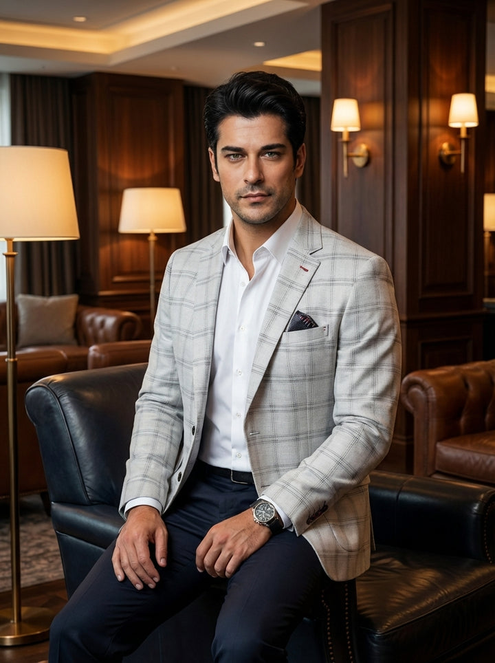 This light grey, windowpane check blazer offers a modern, slim-fit silhouette for the sophisticated man. Featuring notched lapels, a subtle pocket square detail, and premium button accents, it pairs effortlessly with a crisp white shirt for an elevated sm