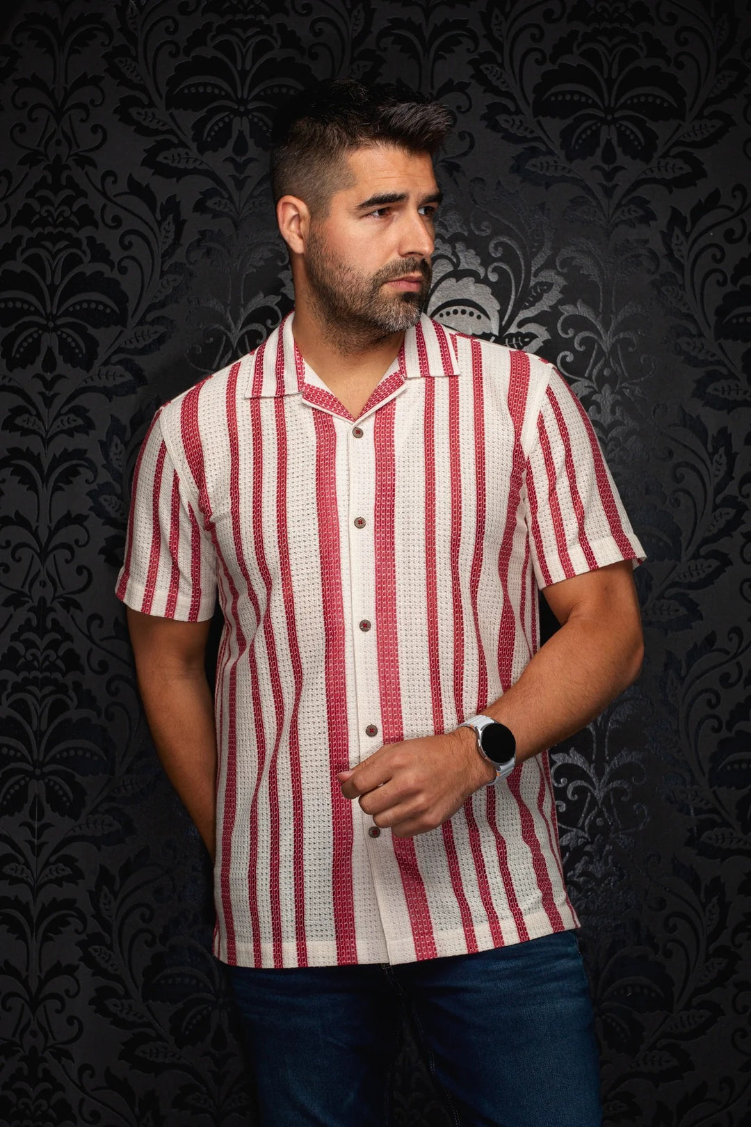 Au Noir Stretch Short Sleeve Shirt | Open Collar Raj-T Stone Cabernet