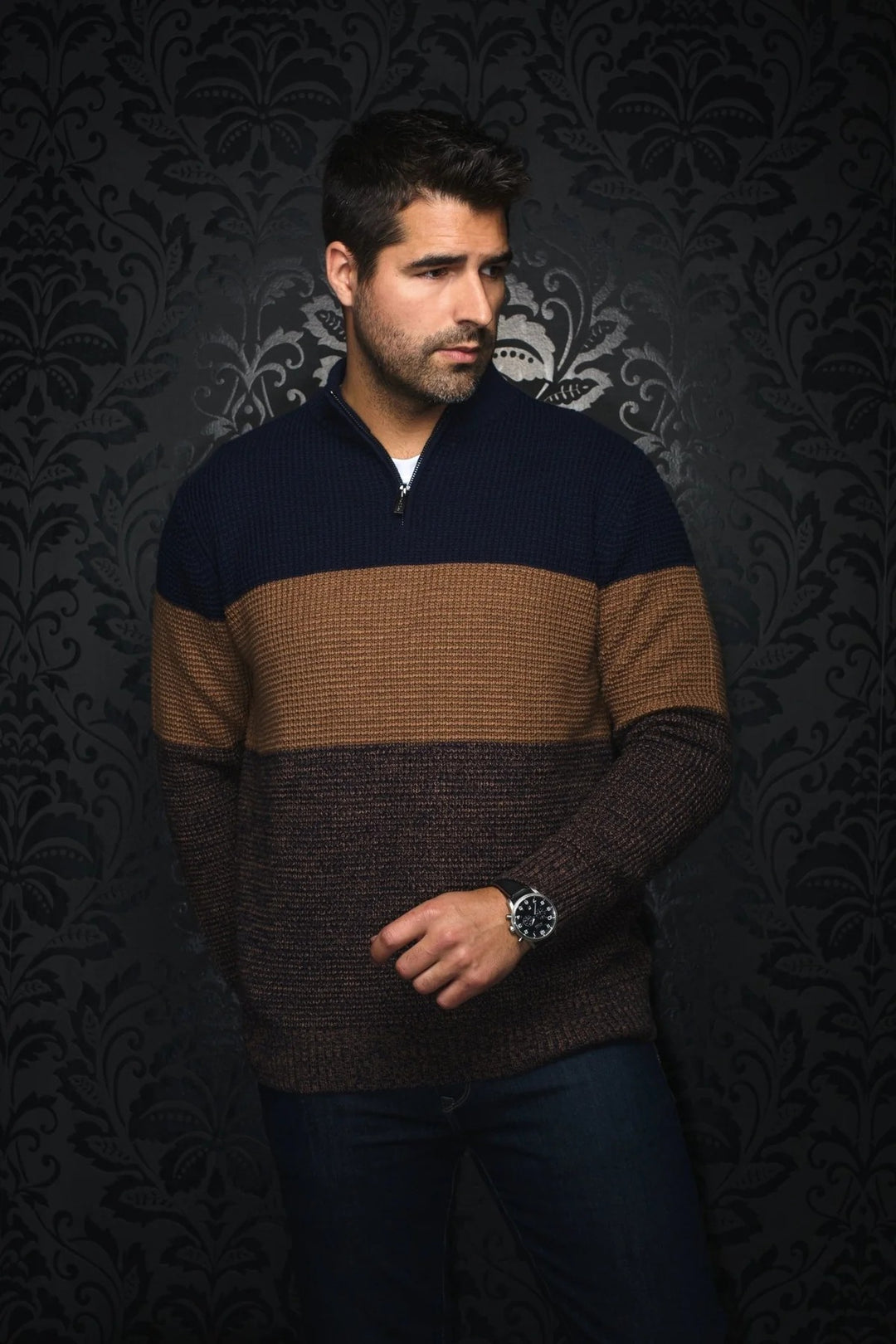 tobacco sweater 1/4 Zip with Navy Piping Visit our store to try out! METALLIC FAIR ISLE PULLOVER TOBACCO