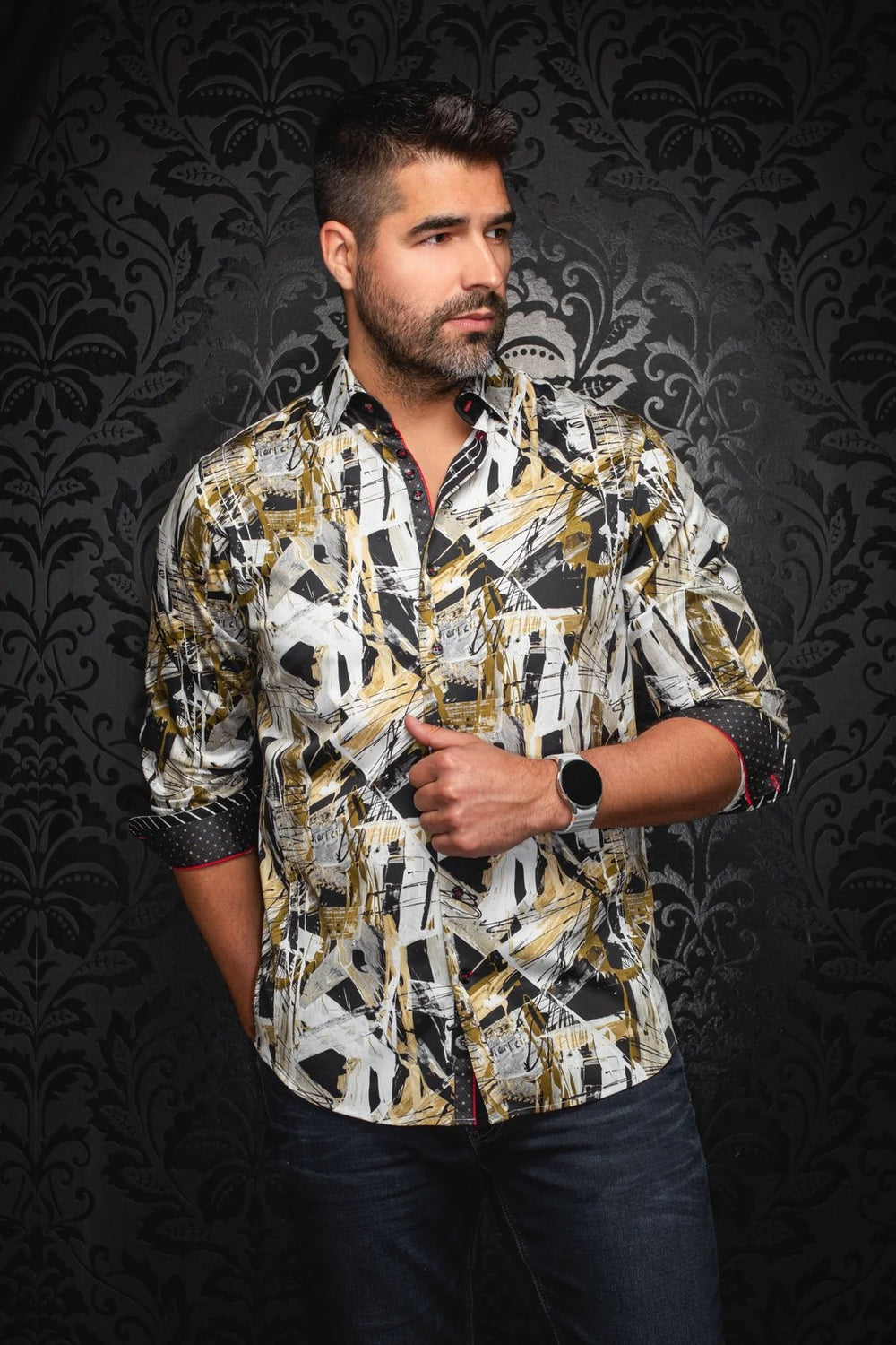 black dress shirt with gold accents Hisdern Men's Black Gold Splicing Dress Shirt For Office Wear L