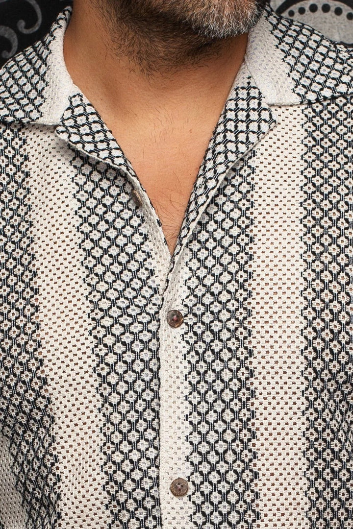 Au Noir Stretch Short Sleeve Shirt | Open Collar Raj-T Cream Black