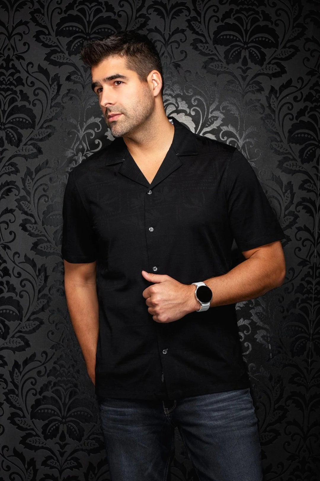 Au Noir Stretch Short Sleeve Shirt Flat Collar | Maho Black