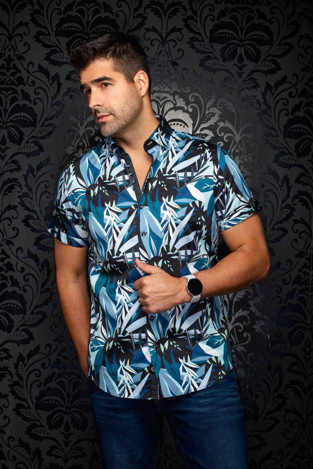 Au Noir Stretch Short Sleeve shirt | GREENWILD Aqua Black