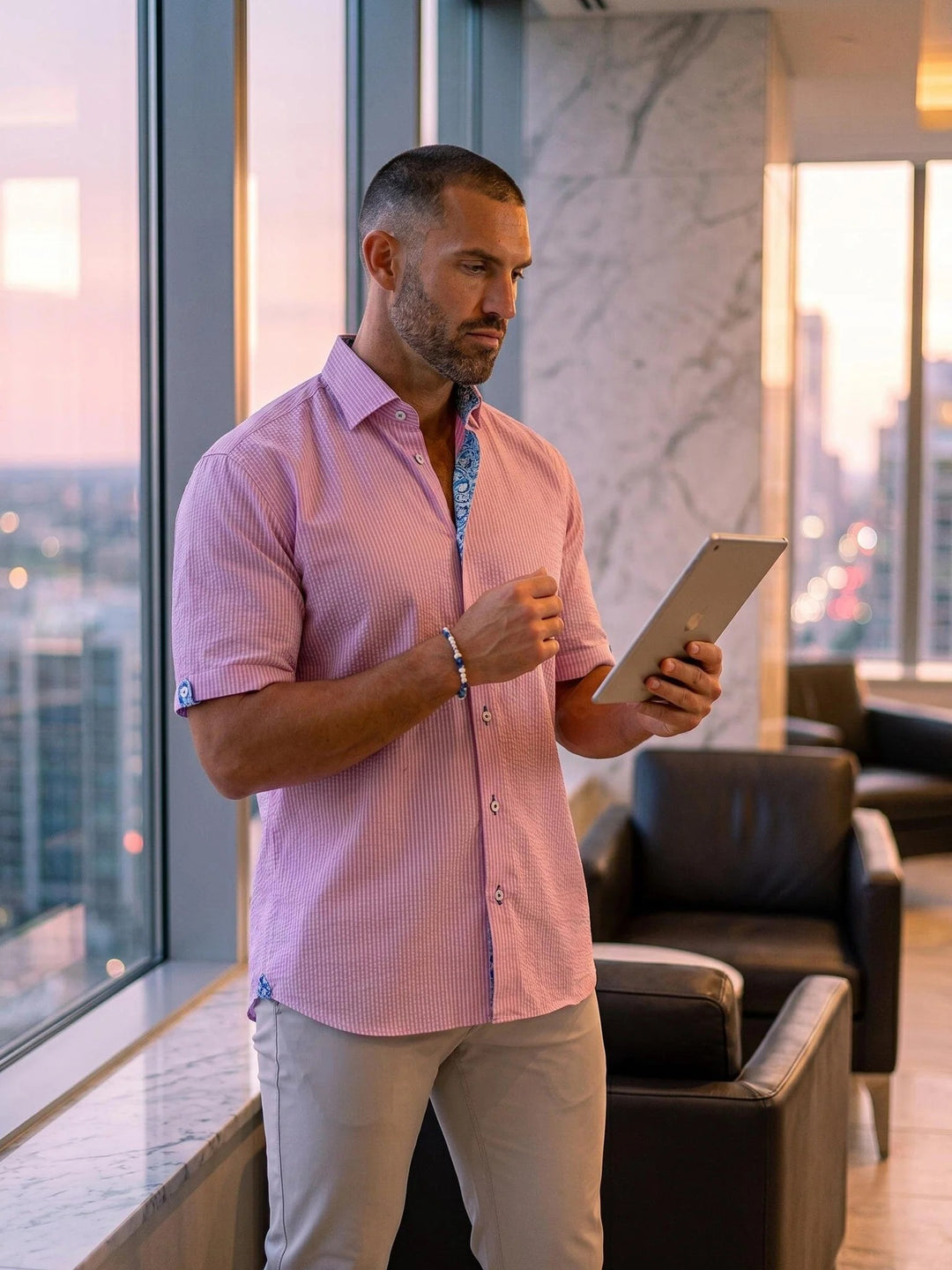 Maceoo Stretch Short-Sleeve Shirt | Maceoo Pink Seersucker Galileo Shirt