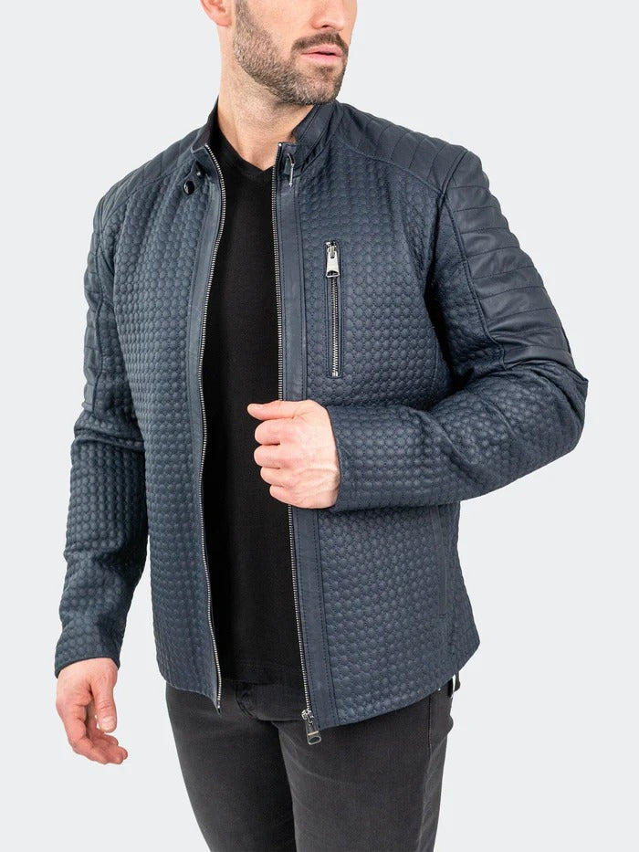 Maceoo Jacket | Leather Braille Navy