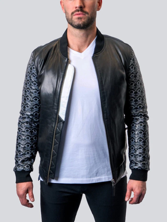 Maceoo Jacket | Leather Sleeve Skull Black