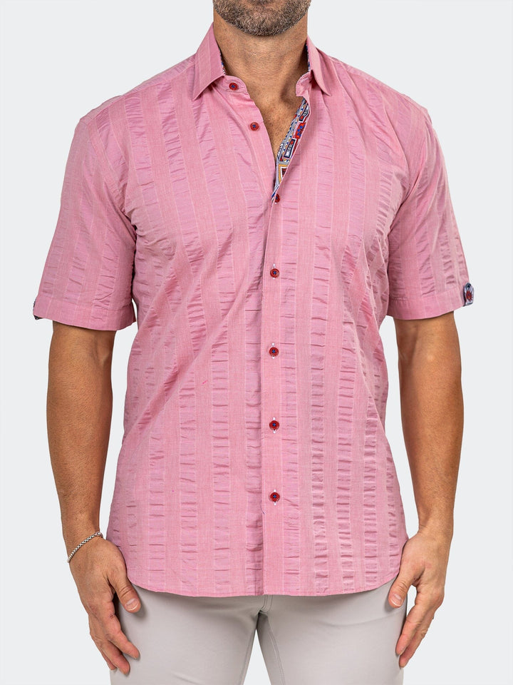 Maceoo Stretch Short-Sleeve Shirt | Maceoo Pink Seersucker Galileo Shirt