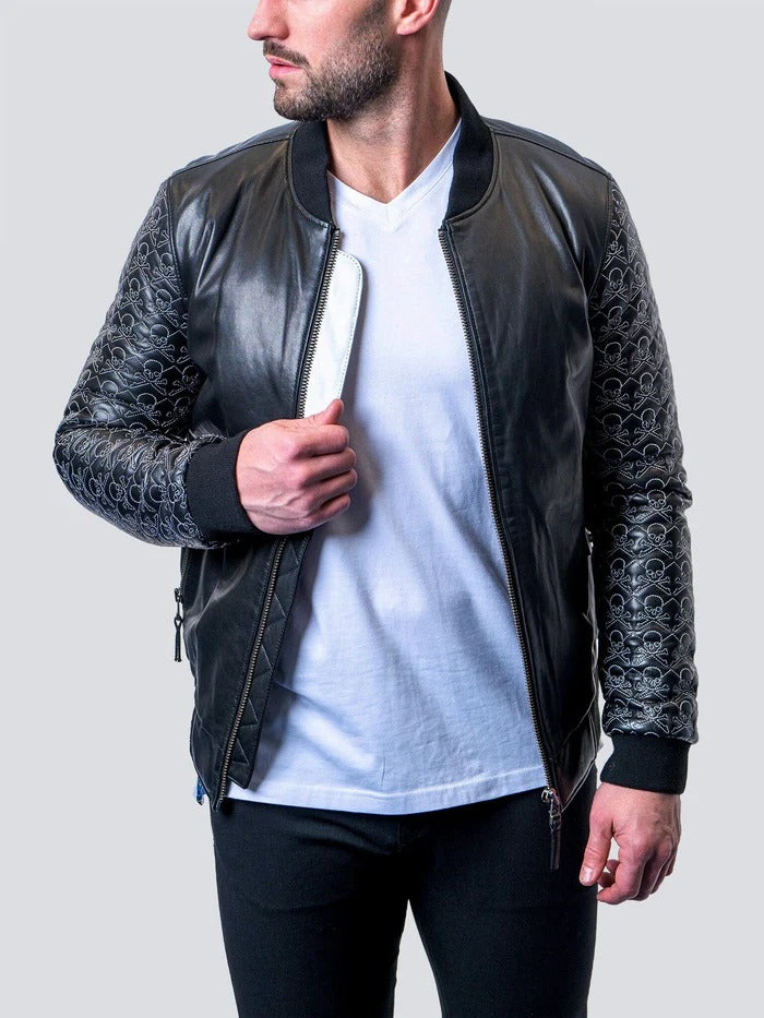 Maceoo Jacket | Leather Sleeve Skull Black