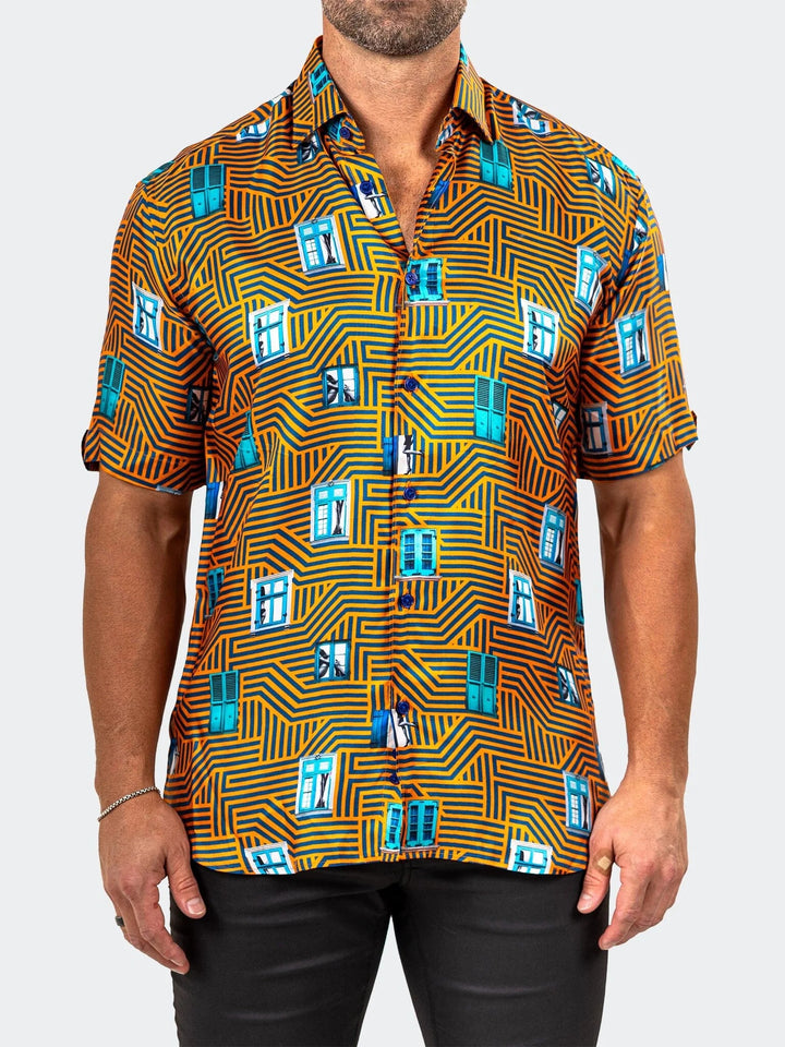 Maceoo Stretch Short-Sleeve Shirt | Galileo Marthyr Geo Yellow Shirt