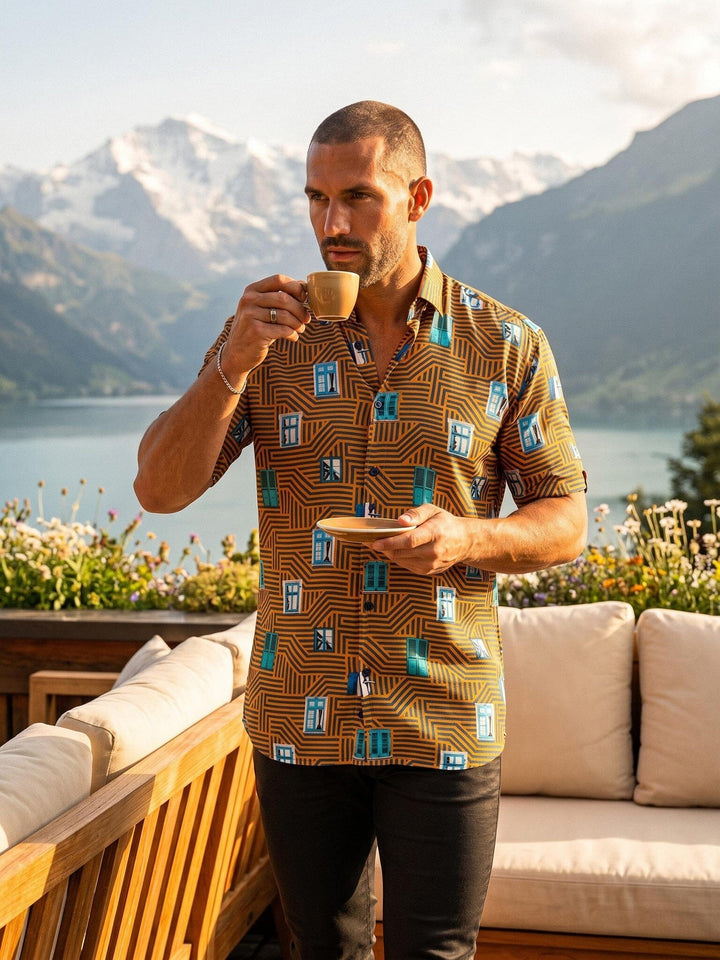 Maceoo Stretch Short-Sleeve Shirt | Galileo Marthyr Geo Yellow Shirt
