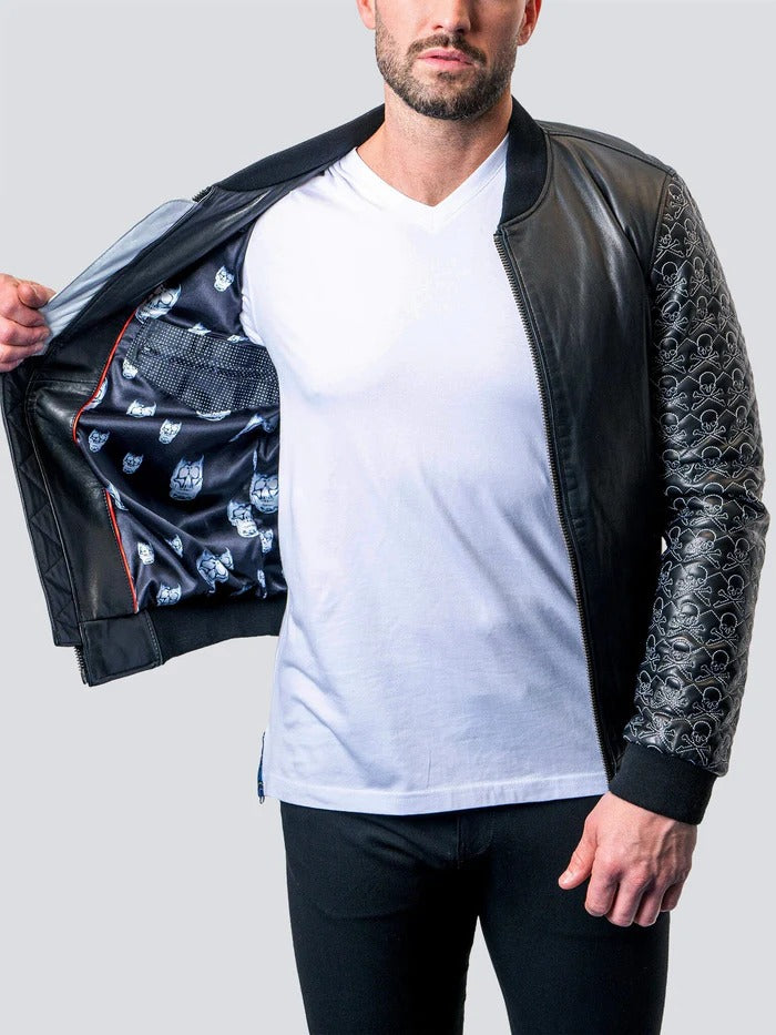 Maceoo Jacket | Leather Sleeve Skull Black