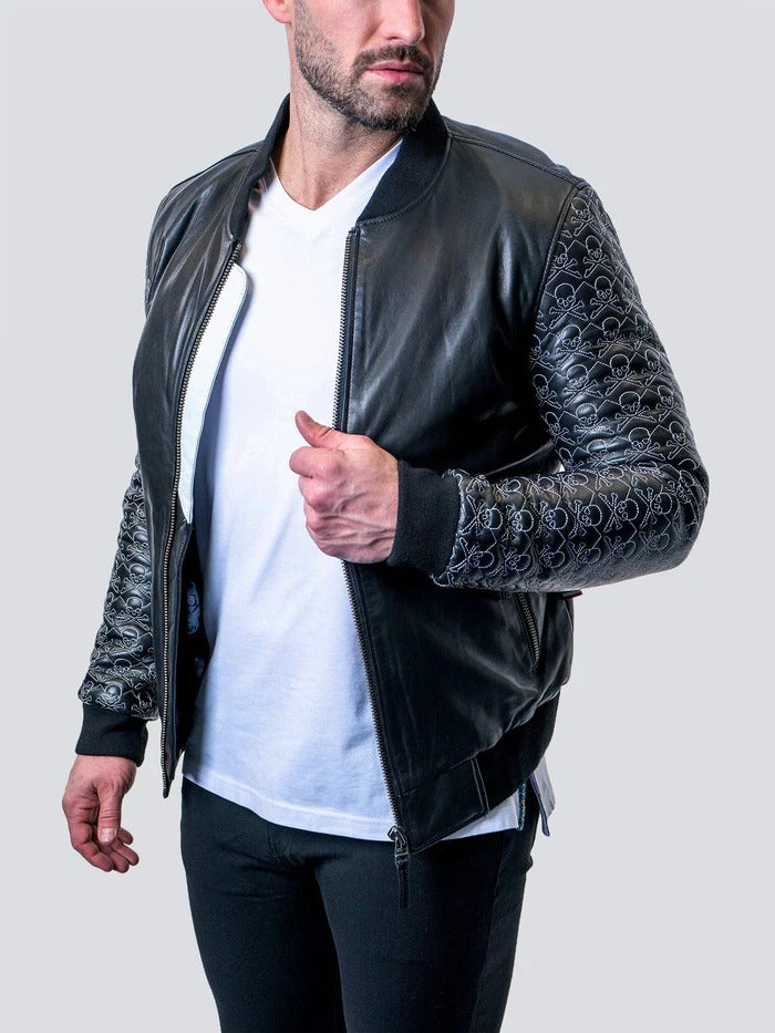 Maceoo Jacket | Leather Sleeve Skull Black