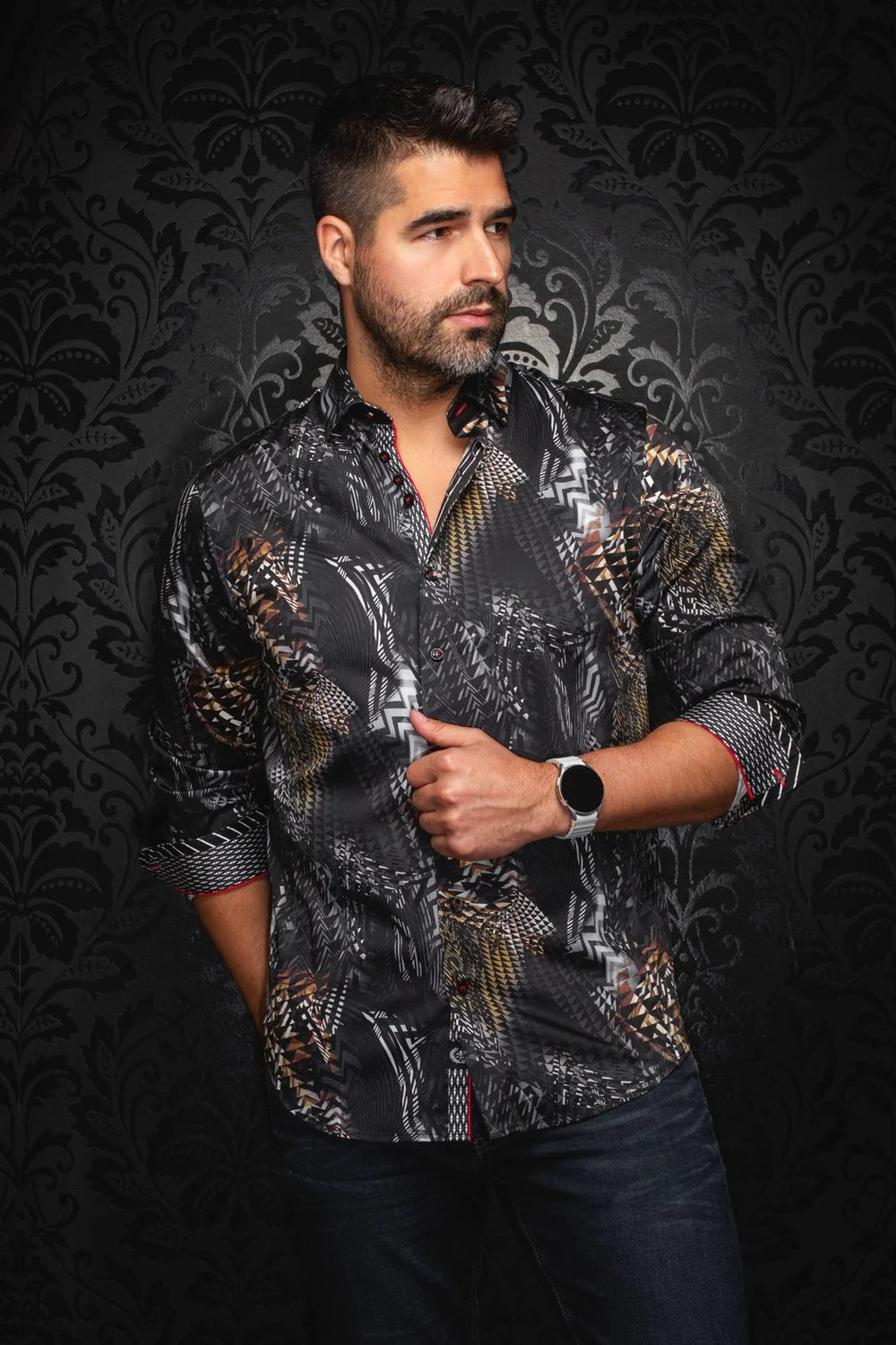 mens black and gold dress shirt Hisdern Men's Black Gold Splicing Dress Shirt For Office Wear L