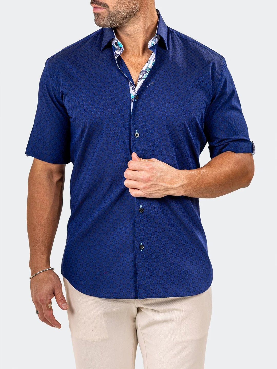 Maceoo Stretch Short-Sleeve Shirt | Galileo Marthyr Jacquard Blue Shirt