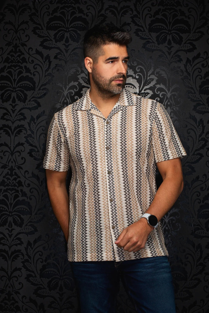 Au Noir Stretch Short Sleeve Shirt | Open Collar Raj-T Beige Grey