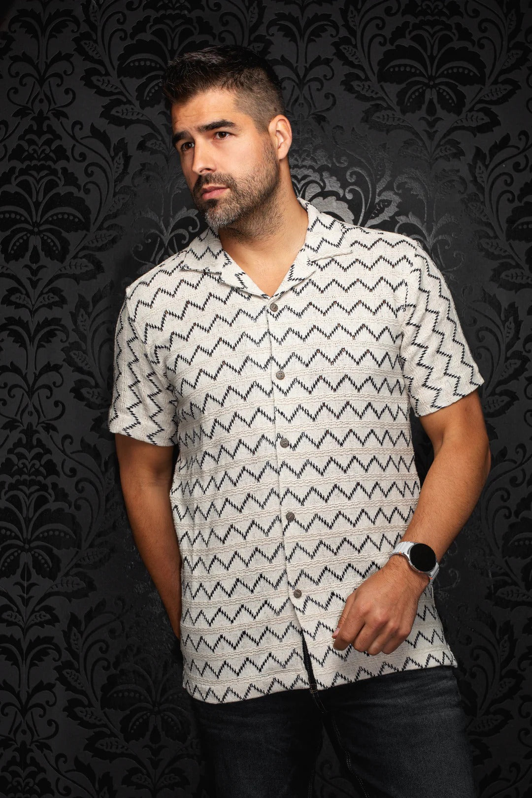 Au Noir Stretch Short Sleeve Shirt | Open Collar Raj-T Stone Navy