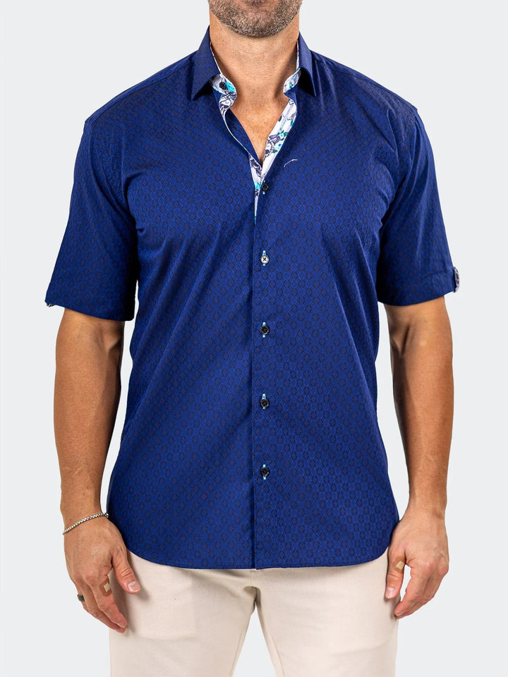 Maceoo Stretch Short-Sleeve Shirt | Galileo Marthyr Jacquard Blue Shirt