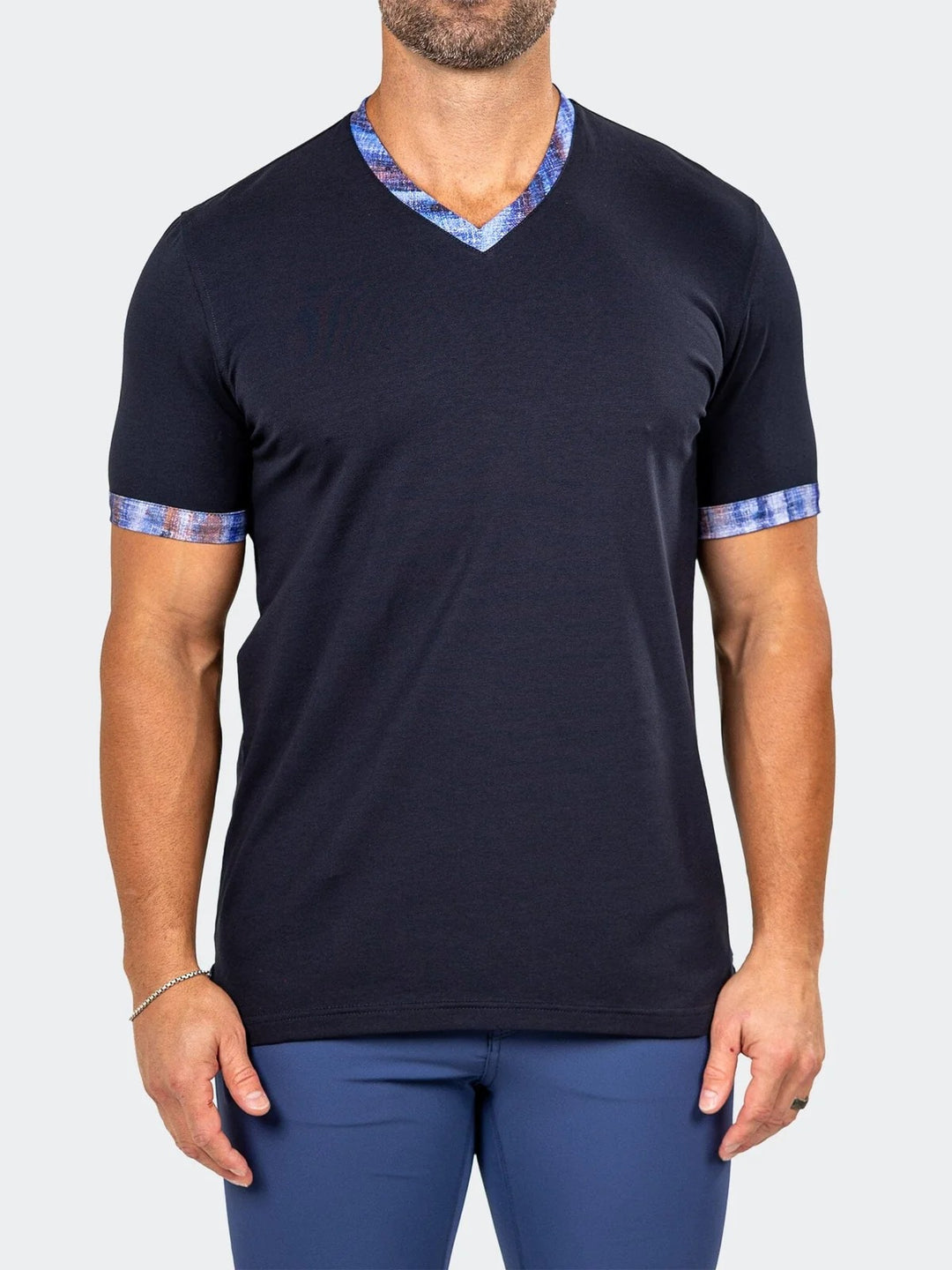 Maceoo Stretch Short-Sleeve Tshirts | Edison Marthyr Navy V-Neck Tee