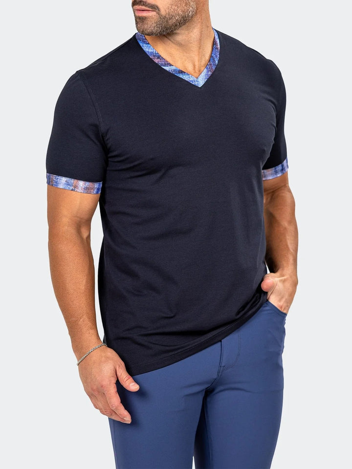 Maceoo Stretch Short-Sleeve Tshirts | Edison Marthyr Navy V-Neck Tee