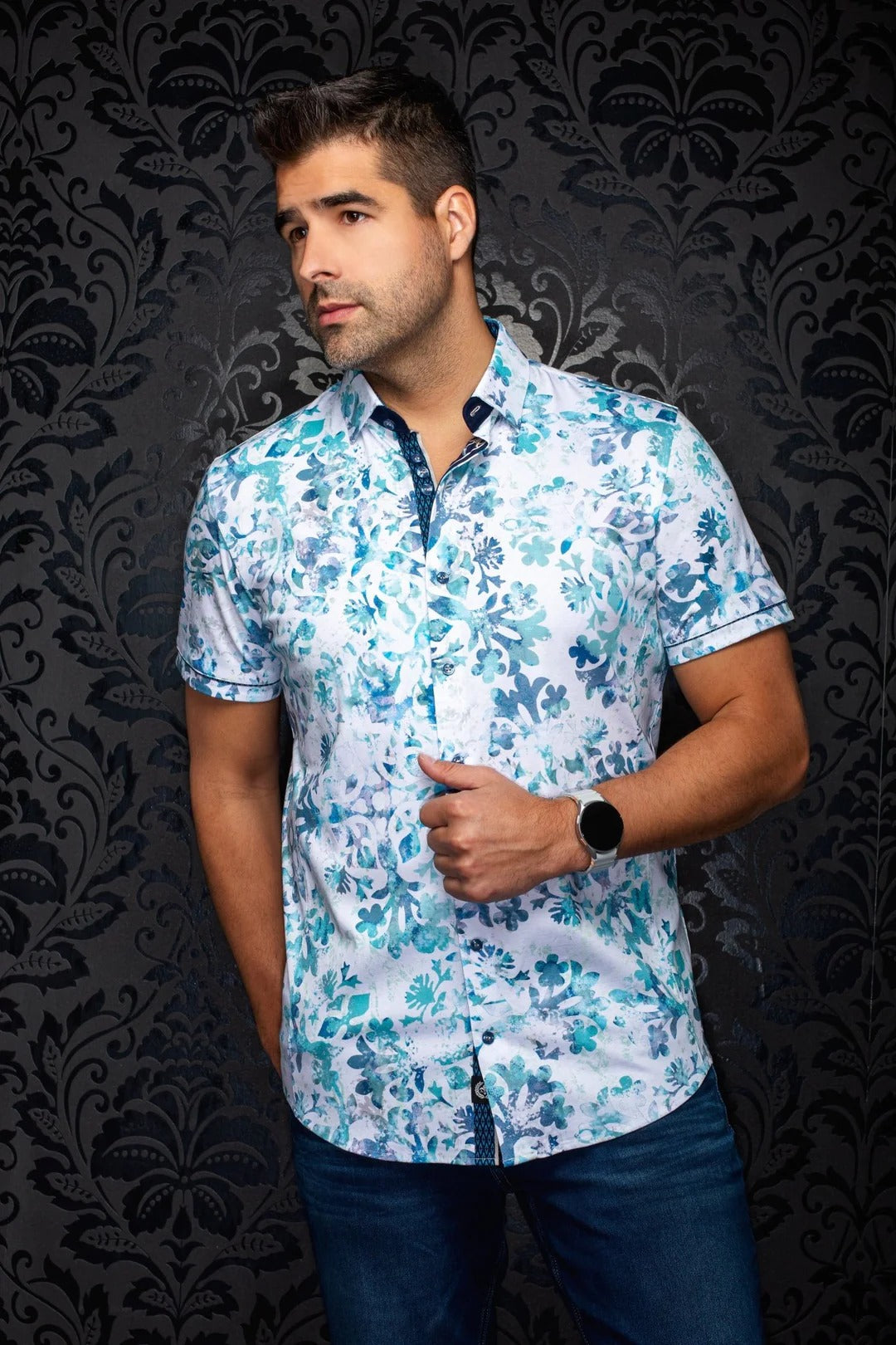 Au Noir Stretch Short Sleeve Shirt | Tavira Turquoise