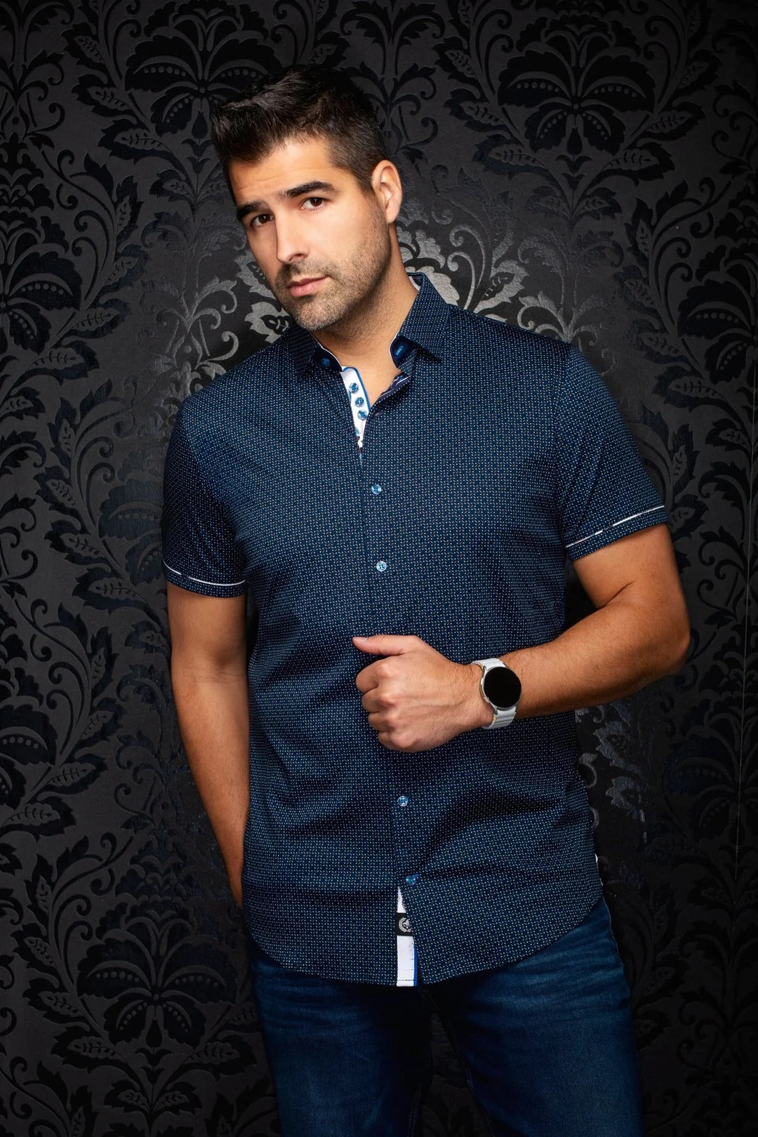 Au Noir Stretch Short Sleeve Shirt | Rosefield Navy Tobacco