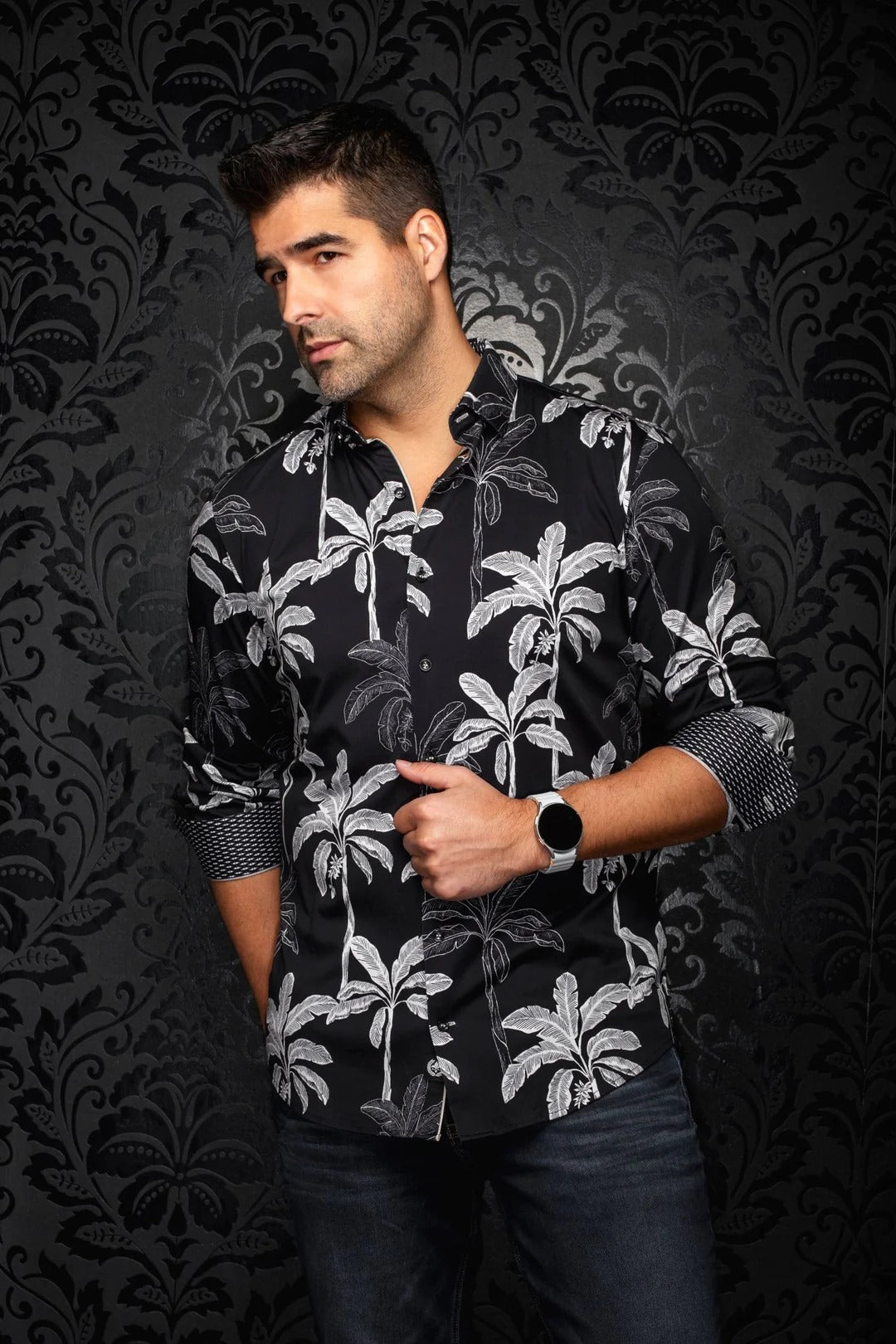 designer dress shirts men palm beach Men's Premium Stretch Shirt bedroom-hallway-organizer The Frond of Paradise Black Long Bodycon dress Color:Silver Cloud