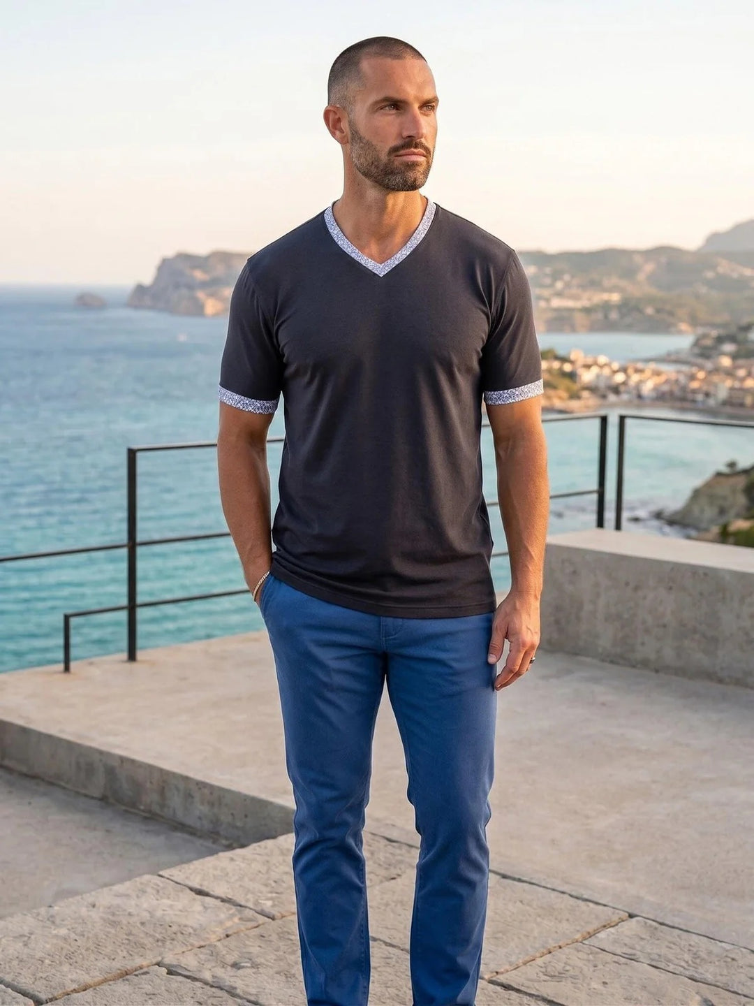 Maceoo Stretch Short-Sleeve Tshirts | Edison Marthyr Grey V-Neck Tee
