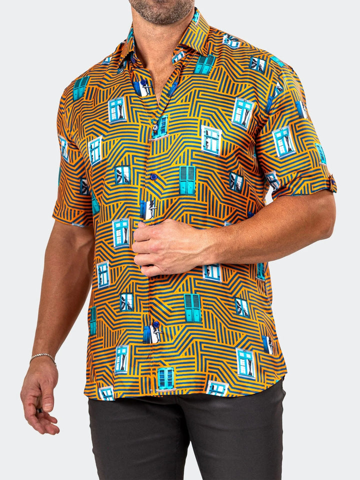 Maceoo Stretch Short-Sleeve Shirt | Galileo Marthyr Geo Yellow Shirt