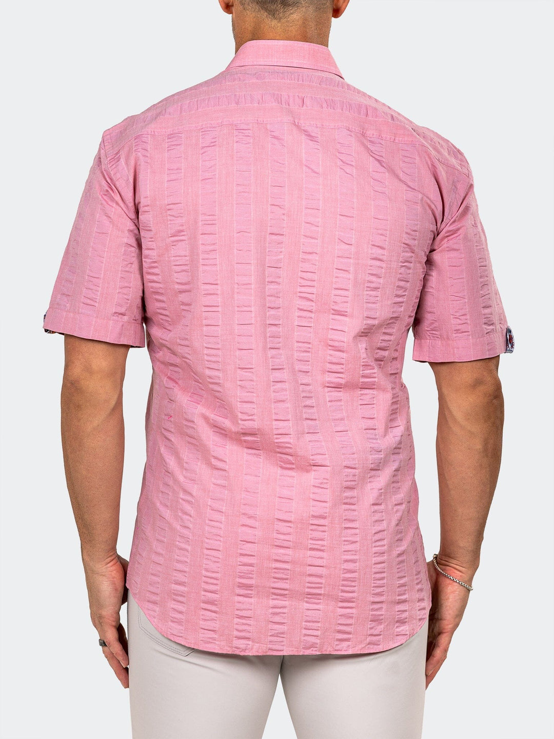 Maceoo Stretch Short-Sleeve Shirt | Maceoo Pink Seersucker Galileo Shirt