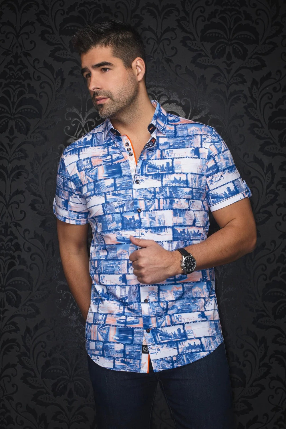 Au Noir Stretch Short Sleeve Shirt | Medford Blue Orange - Men Fashion