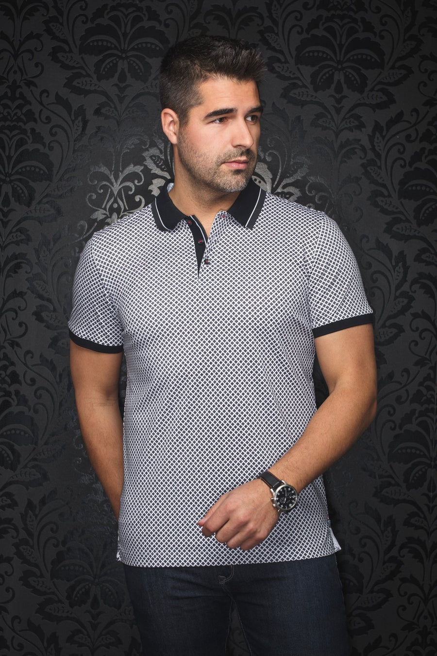 Au Noir Stretch Short-Sleeve Polo | Fairmont White Black - Men Fashion